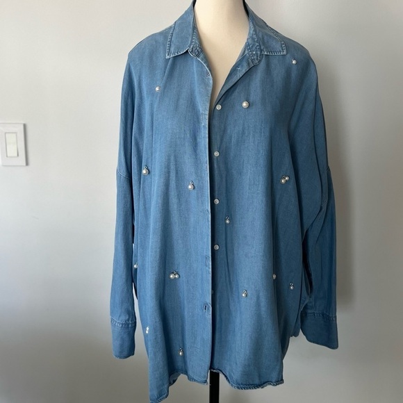 Zara Woman Peal Embellished Chambray Top - Picture 1 of 11